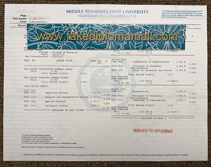 MTSU Fake Transcript Fast Get The MTSU Fake Transcript   Middle Tennessee State University Transcript Sample