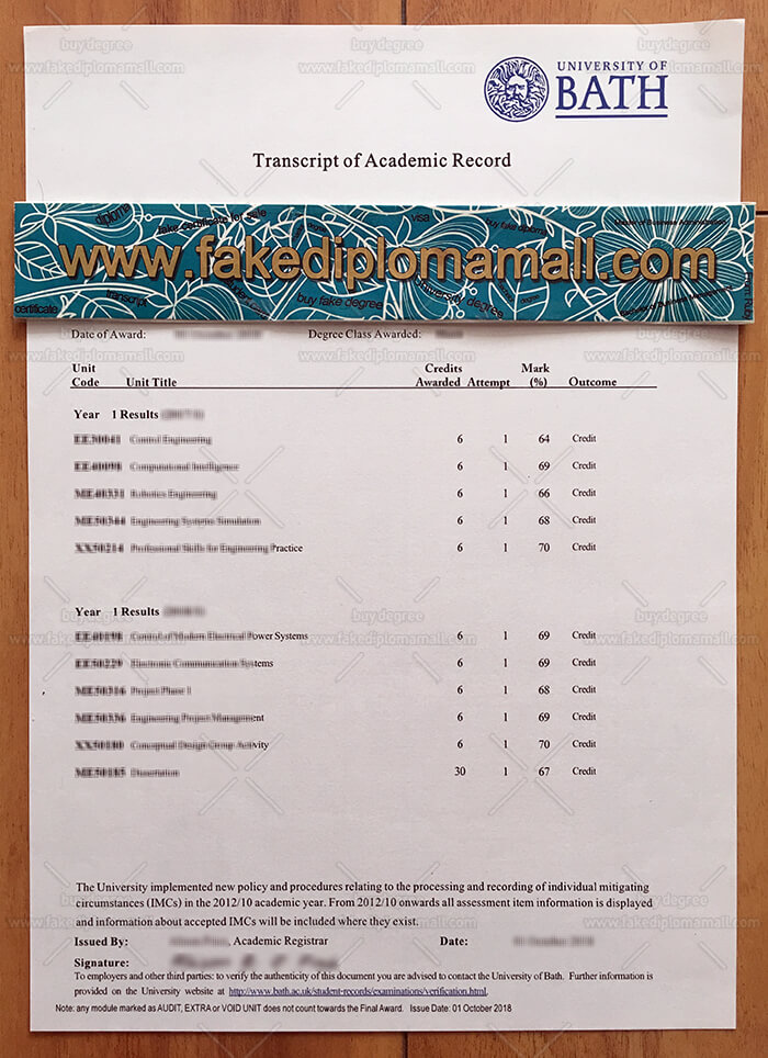 University of Bath Fake Transcript The University of Bath Transcript Sample, UK Fake Transcript