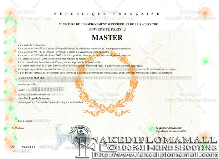 Université Paris XIII Diplôme Université Paris 13 Master Diploma Sample