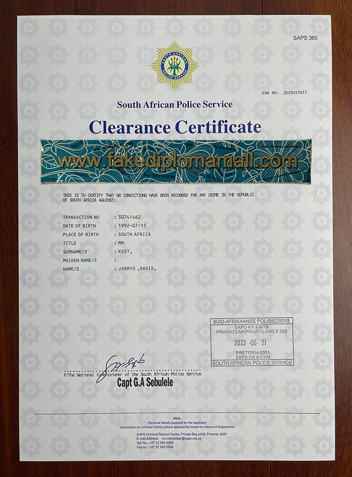 SA Police Service Clearance Fake Certificate South African entry to Thailand with Fake Clearance Certificate